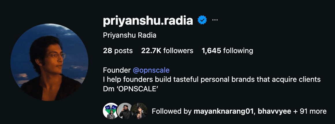 Priyanshu Radia, Instagram profile screenshot